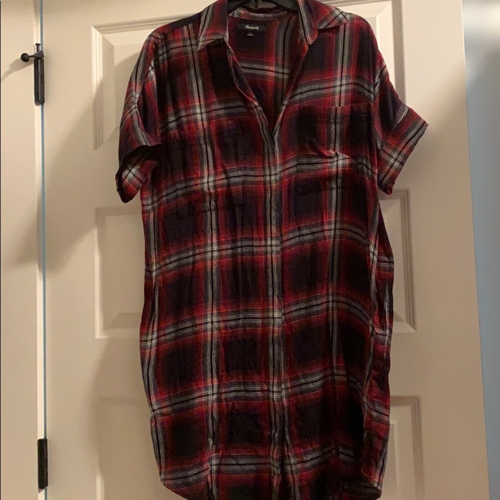 Madewell red black white flannel shirt dress
